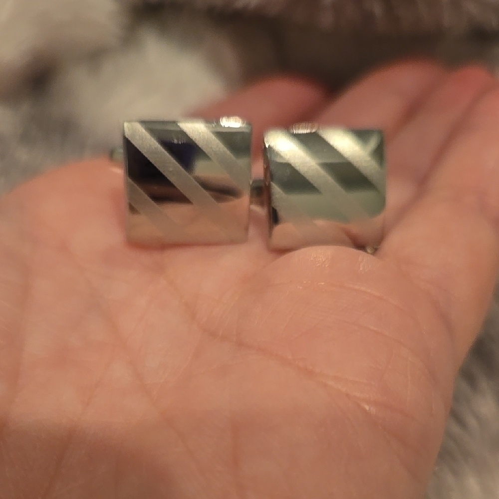 Stainless Steel Matte & Shiny Silver Cufflinks with Diagonal Stripes Brand New